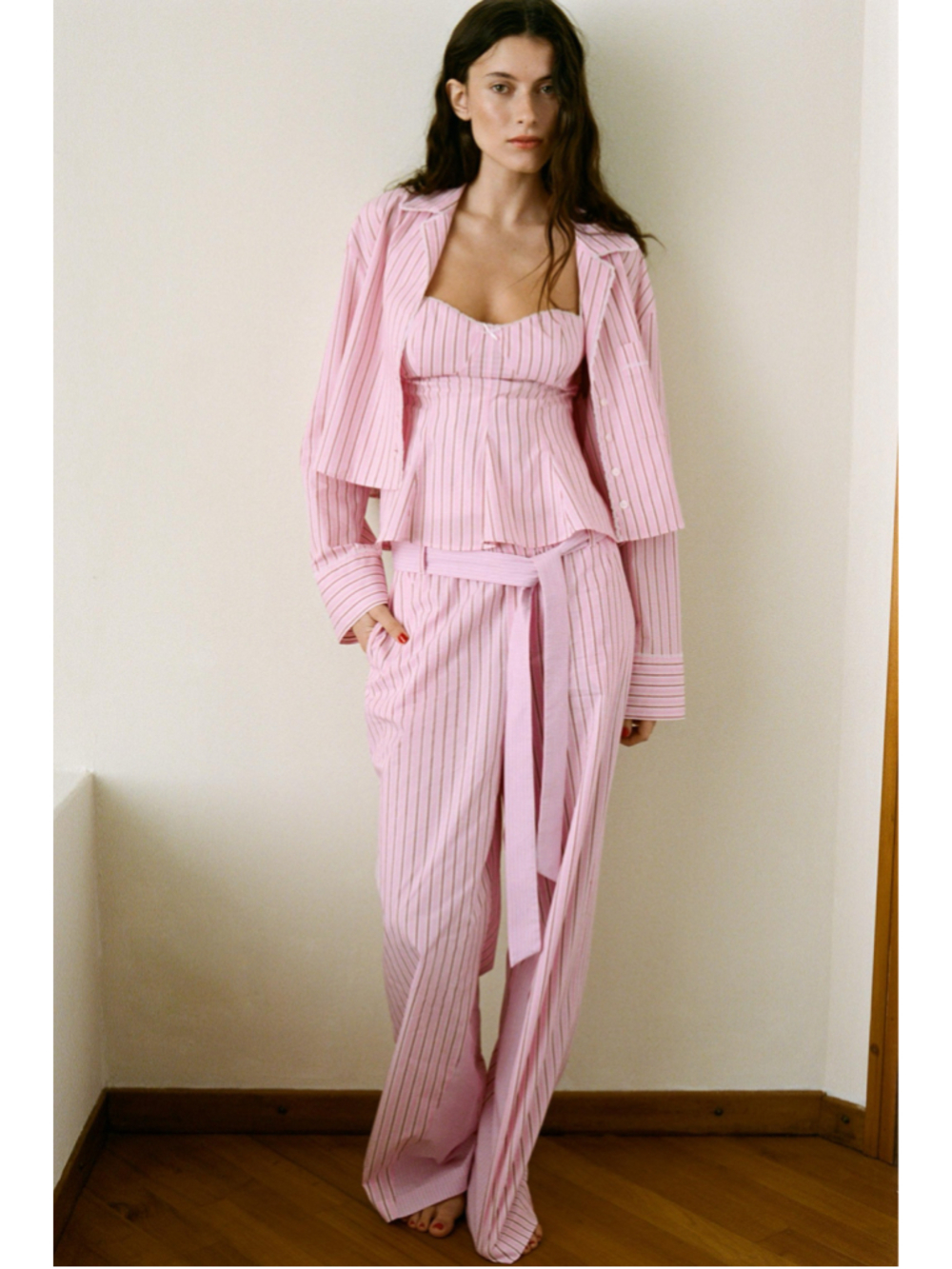 Zara Pink Striped Wide Leg Pants XS Belted High Waist